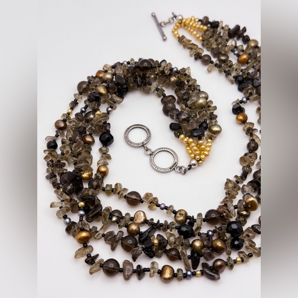 Multi-strand Quartz and Freshwater Pearl Necklace with Sterling Silver Toggle - Picture 13 of 14